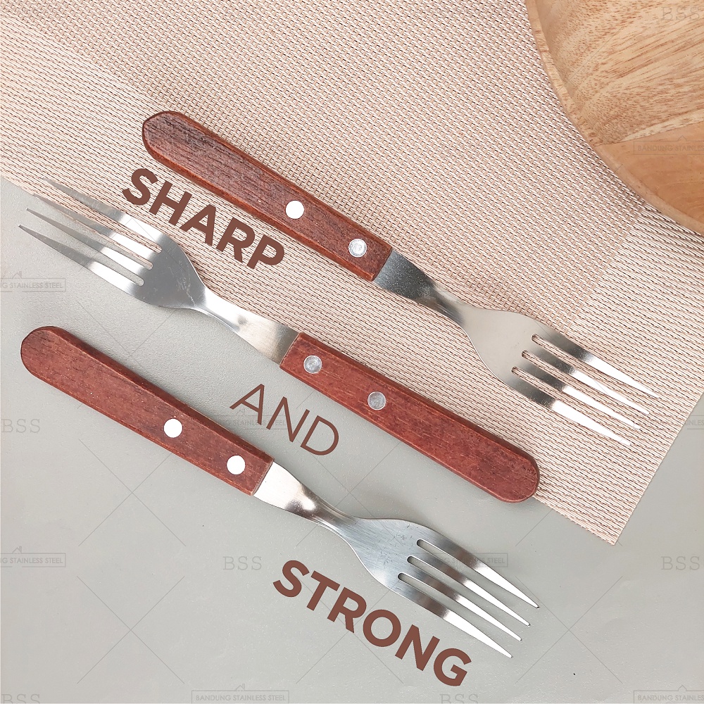 3pcs Pisau Garpu Set Steak Stainless Steel Alat Makan BBQ Handle Kayu Asli Cafe Resto Multifungsi