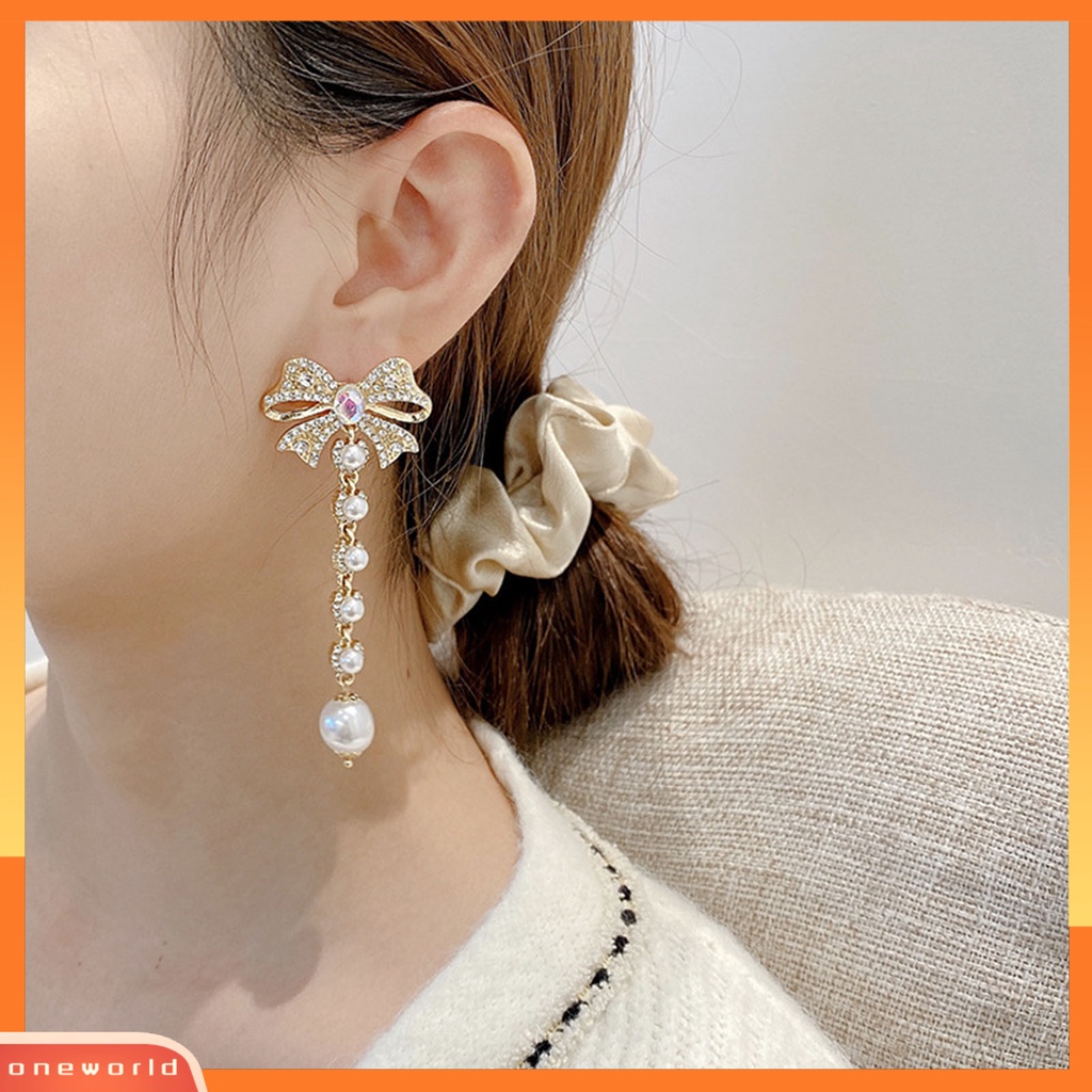 [WOD] 1pasang Anting Wanita Berlian Imitasi Mutiara Aksesori Panjang Lady Drop Earrings Untuk Pesta