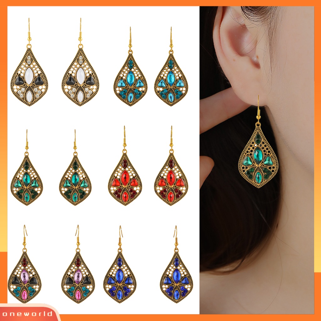 [WOD] 1pasang Wanita Drop Anting Berlian Imitasi Inlay Berongga Keluar Retro Tetesan Air Liontin Menjuntai Anting-Anting Untuk Perjamuan