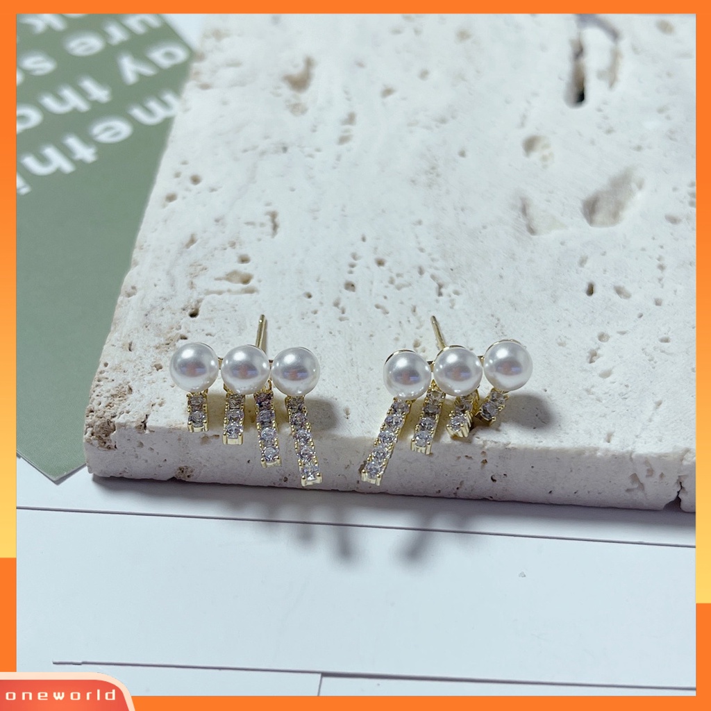 [WOD] 1pasang Ear Studs Elegan Mengkilap Berlian Imitasi Bertatahkan Berkilau Geometris Hias Hadiah Wanita Mutiara Imitasi Rumbai Menjuntai Stud Earrings Perhiasan Untuk Perjamuan