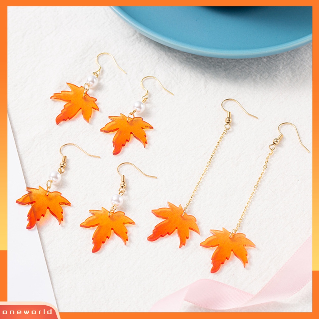 [WOD] 1pasang Mutiara Imitasi Dekorasi Drop Anting Rantai Rumbai Orange Sederhana Maple Daun Kait Anting Perhiasan Hadiah