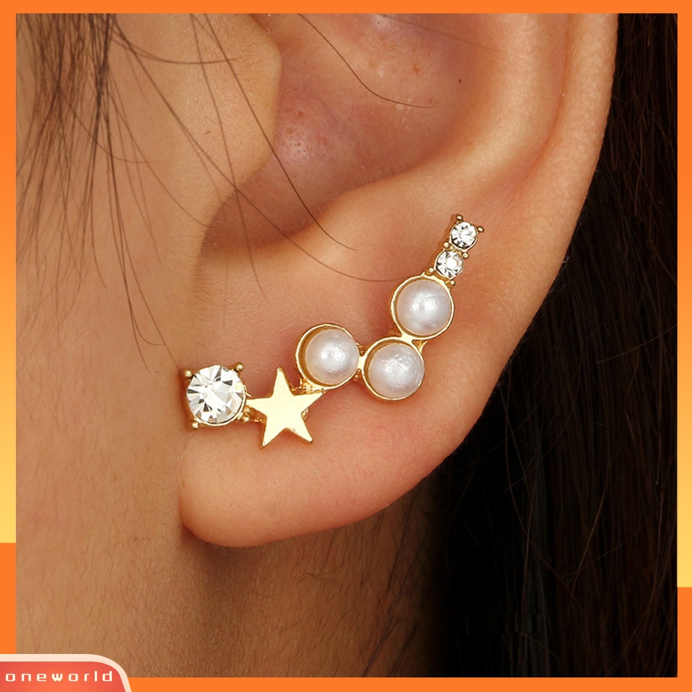 [WOD] Wanita Fashion Bintang Mutiara Imitasi Berlian Imitasi Ear Stud Climber Earrings Perhiasan Hadiah