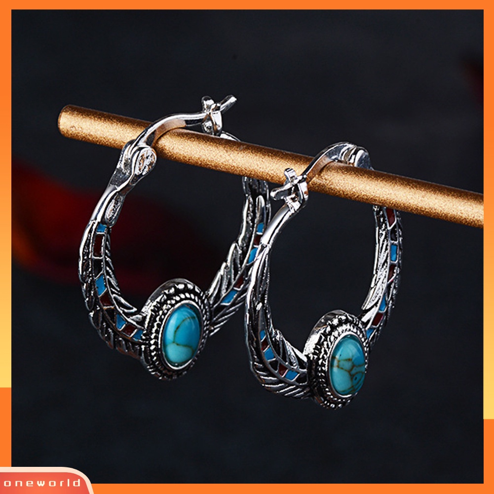 [WOD] Bohemian Wanita Faux Turquoise Eagle Feather Ukir Huggie Anting Perhiasan Decor