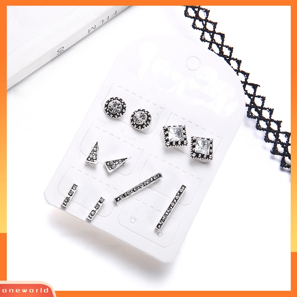 [WOD] 5pasang Boho Wanita Berlian Imitasi Kotak Bulat Persegi Panjang Segitiga Stud Earrings Set