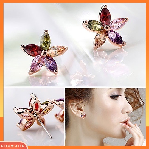 [WOD] Fashion Wanita Cantik Multicolor Zirkon Bunga Telinga Studs Earrings Perhiasan