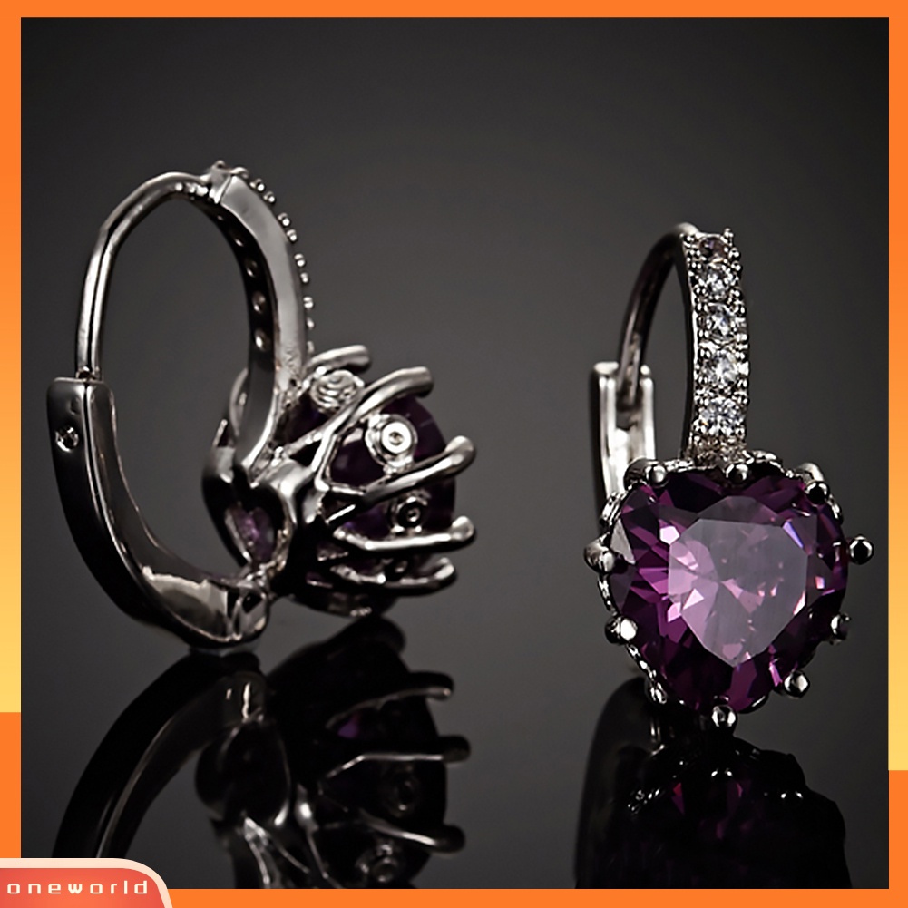 [WOD] Wanita Elegan Ungu Bentuk Hati Berlian Imitasi Berlapis Emas Leverback Hoop Earrings