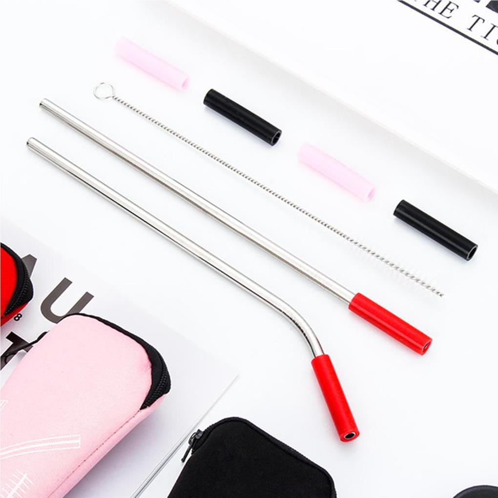 Sedotan Stainless Steel Set Dengan Tips Silikon Dipoles Menghisap Tabung Reusable Camping Makan Bar Cafe Restoran