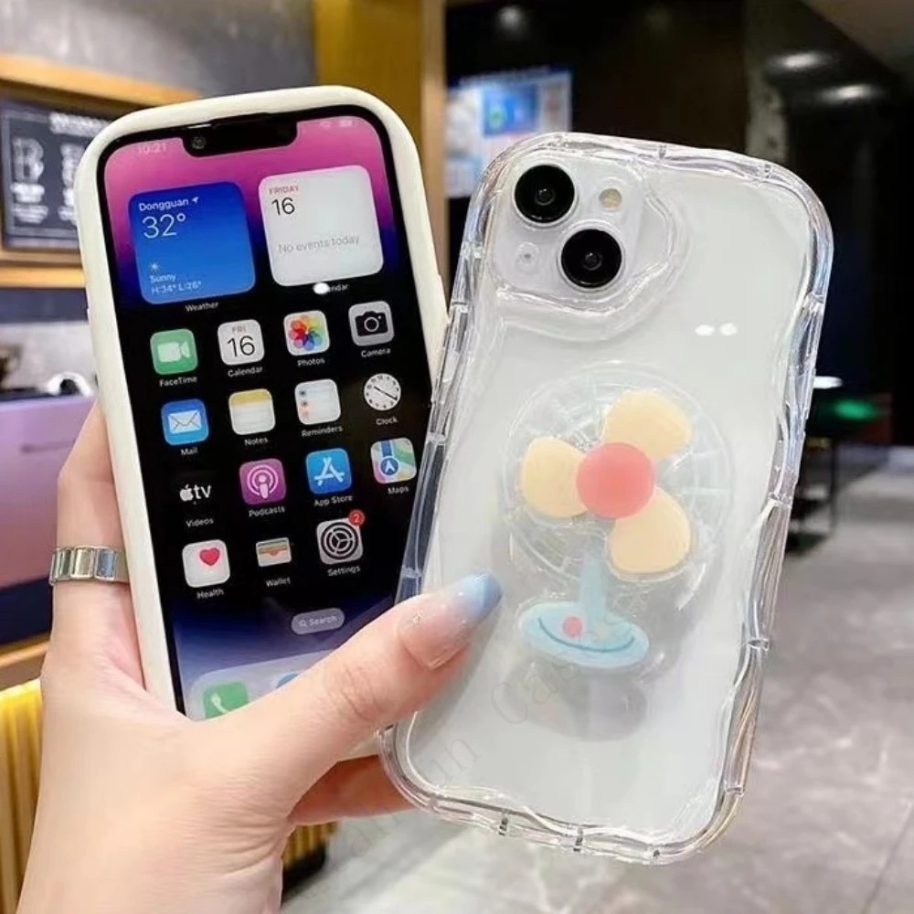 Kipas Rotated Holder Phone Case Untuk IPhone 13 12 14 11 Pro MAX 7 8 6 S Plus 11Pro X XR XS MAX SE 2020 14Plus Case Silikon Lembut Shockproof Gelombang Lurus Pelindung Stand Cover