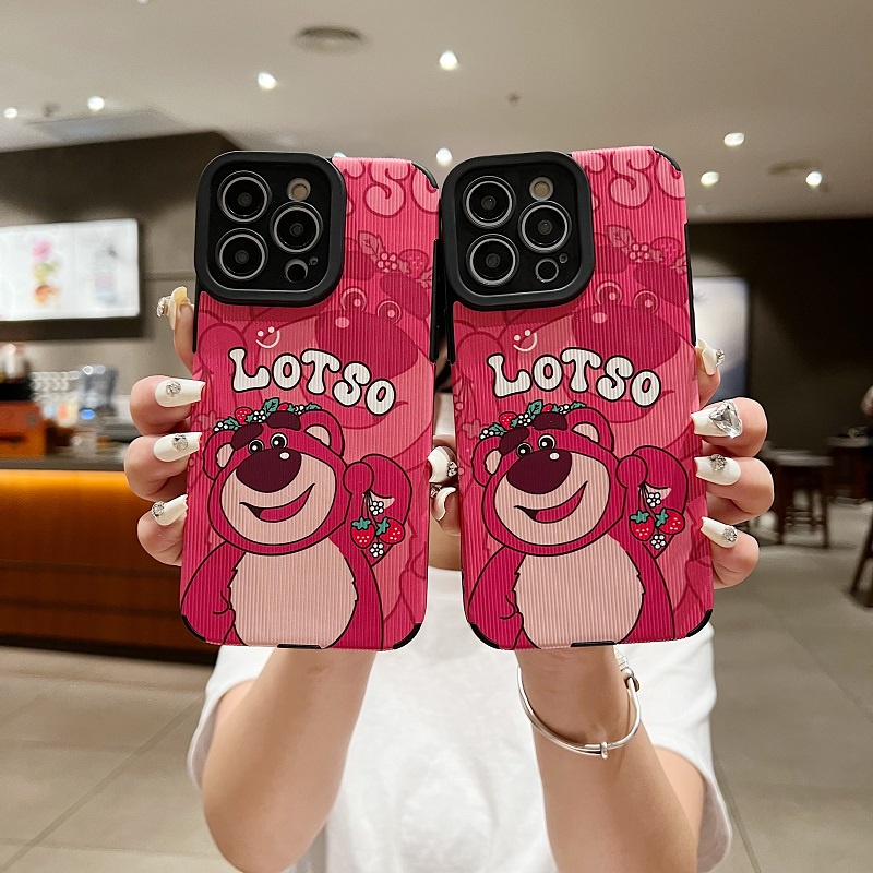 IPHONE Untuk Iphone14 13 12 11 Pro Max X XR XS Max7 8 Plus Kartun Imut Strawberry Bear Tekstur Vertikal Pelindung Kulit Soft case