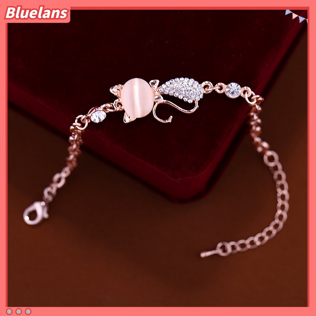 [BLS] Wanita Ladies Lovely Cat Pendant Opal Berlian Imitasi Bangle Gelang Rantai Perhiasan Untuk Kehidupan Sehari-Hari