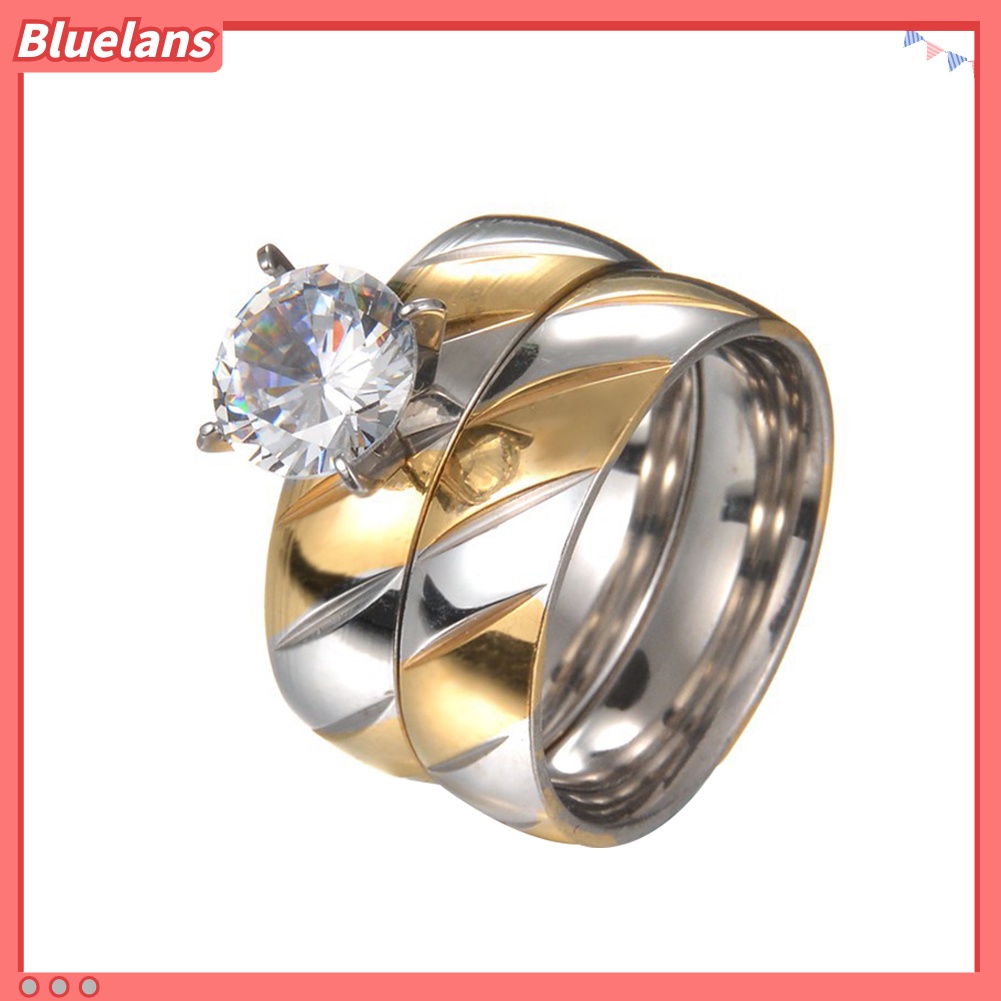 [BLS] 1pasang Perhiasan Cincin Pasangan Cubic Zirconia Stainless Steel Matching Hadiah Pernikahan