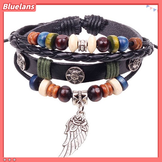 [BLS] Unisex Vintage Multilayer Faux Kulit Sayap Pesona Manik-Manik Kayu Gelang Bangle