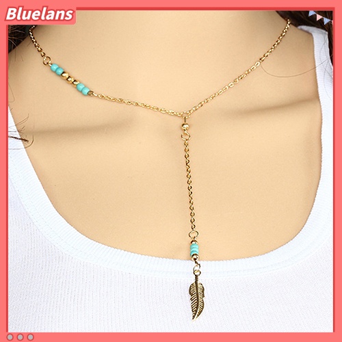 [BLS] Wanita Gaya Boho Feather Drop Pendant Turquoise Beads Handmade Kalung Rantai