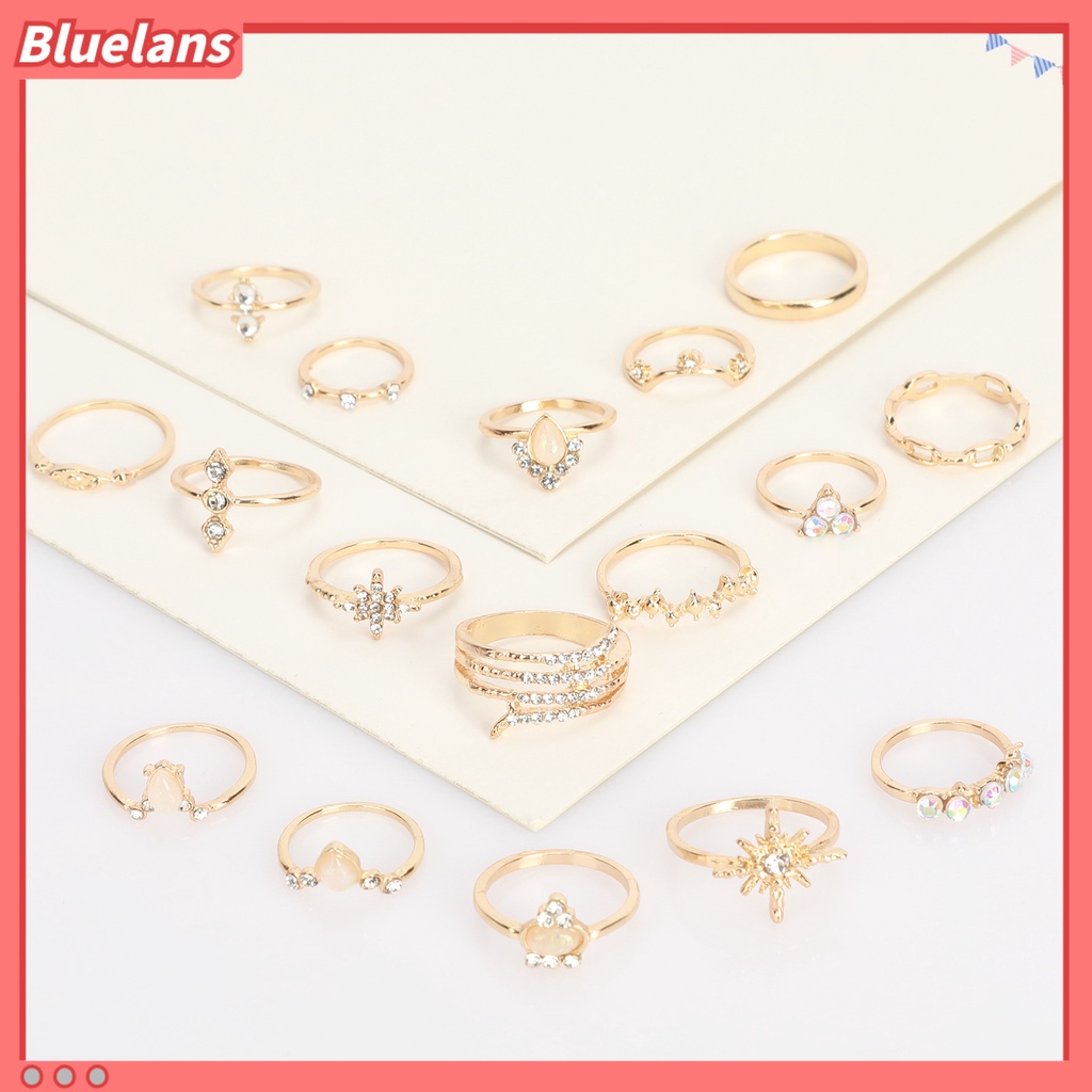 [BLS] 17pcs /Set Cincin Jari Bohemian Perhiasan Hadiah Wanita Buatan Batu Permata Berlian Imitasi Finger Ring Untuk Pacaran