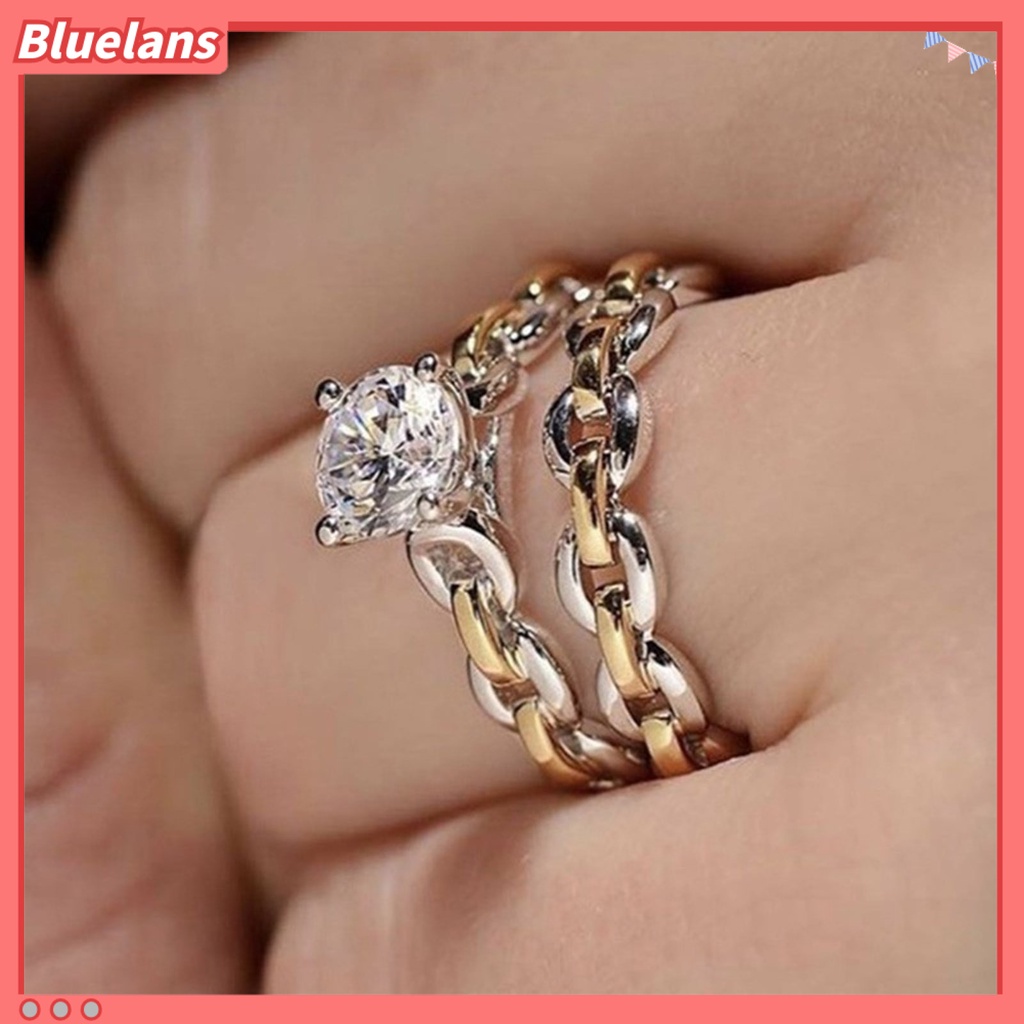 [BLS] 2pcs /Set Rantai Permukaan Halus Pernikahan Band Alloy Two-tone Berlian Imitasi Wanita Rings Charm Jewelry