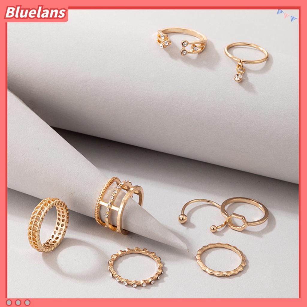 [BLS] 8pcs Cincin Wanita Geometris Berlian Imitasi Lady Shiny All Match Hexagon Rings Untuk Pacaran