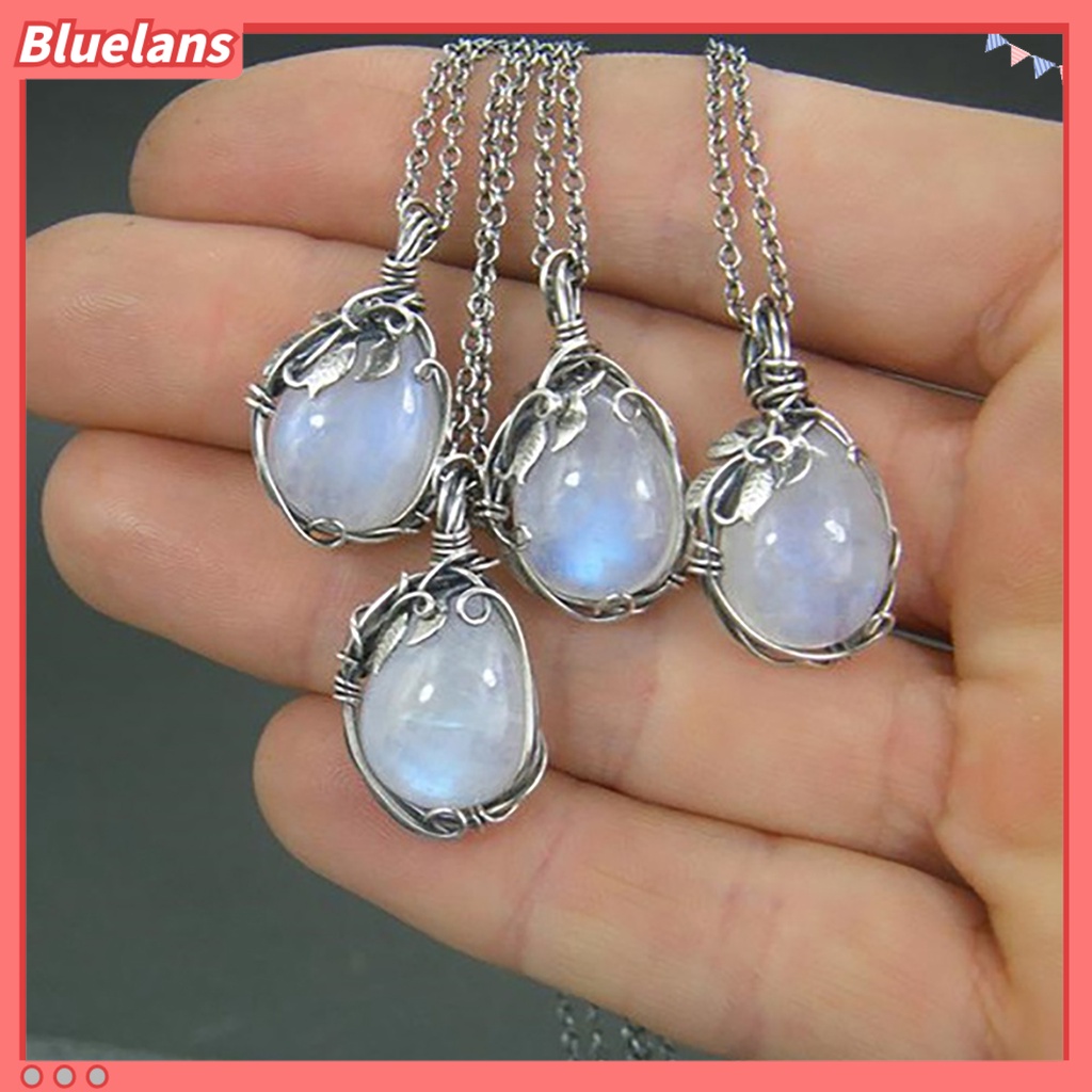 [BLS] Rantai Ekstensi Dapat Disesuaikan Wanita Kalung Ringan Retro Faux Moonstone Leaf Pendant Necklace Perhiasan Aksesoris