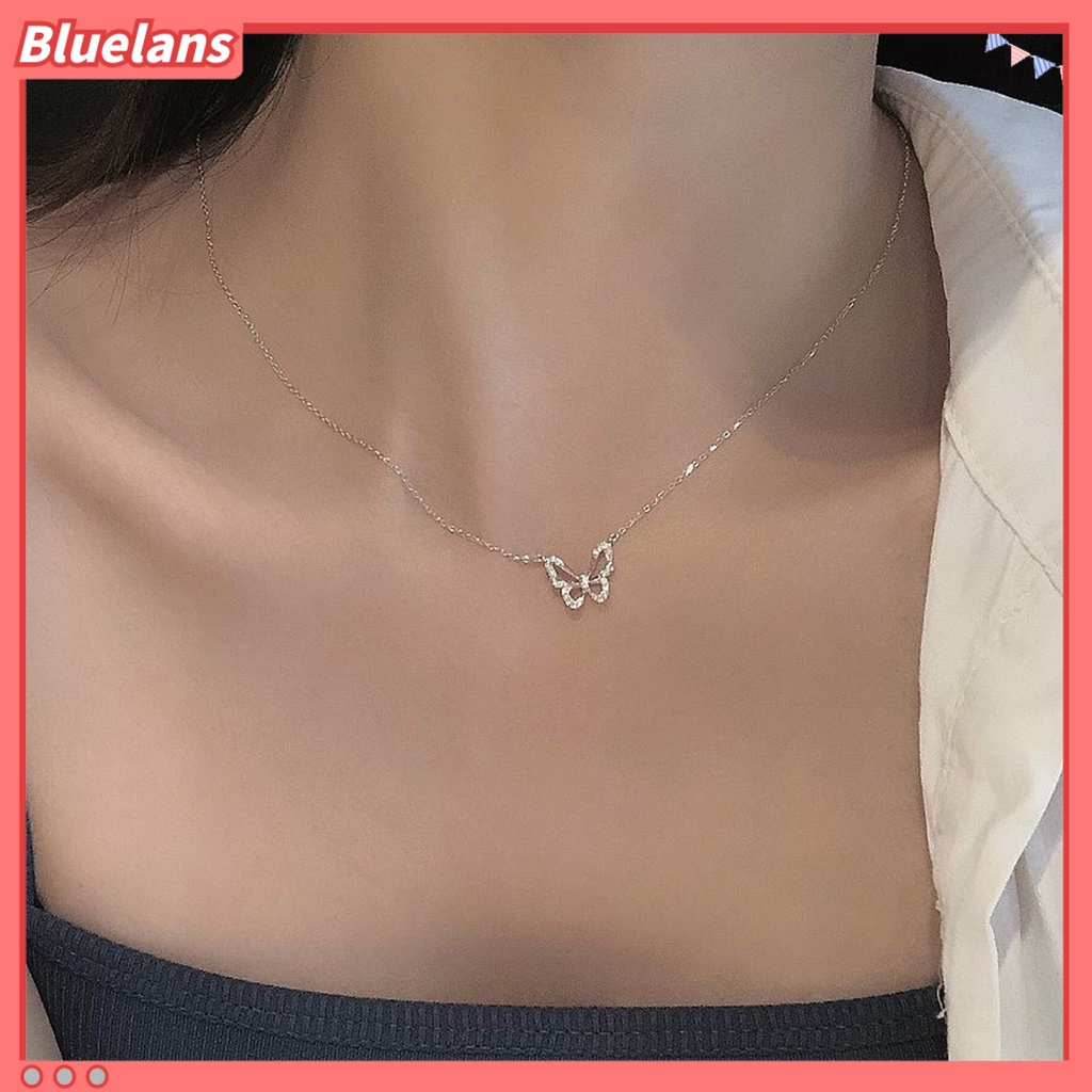 [BLS] Wanita Kalung Hollow Out Kupu-Kupu Perhiasan Ins Gaya Rhinestones Choker Necklace Untuk Pakaian Sehari-Hari