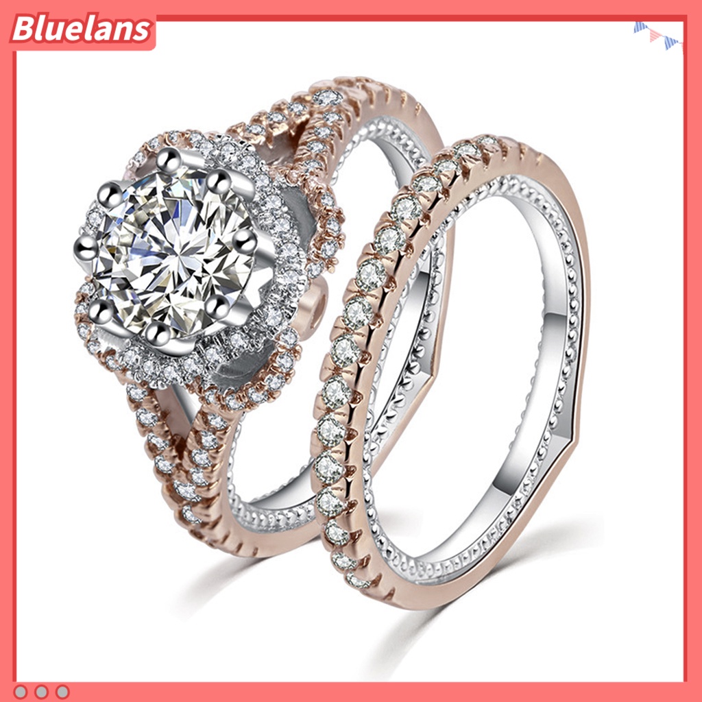 [BLS] 2 Pcs Temperamen Indah Kilau Terang Electroplating Engagement Rings Shiny Rhinestone Women Finger Rings Aksesoris Perhiasan