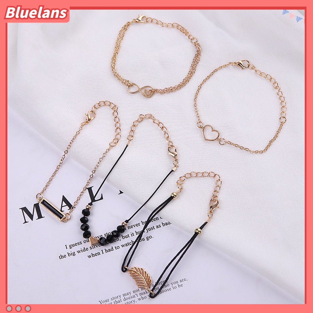 [BLS] 5pcs /Set Gelang Rantai Beberapa Lapisan Handmade Tali Kombinasi Fashion Boho Geometris Daun Manik-Manik Berlapis Tangan Rantai Perhiasan Aksesori