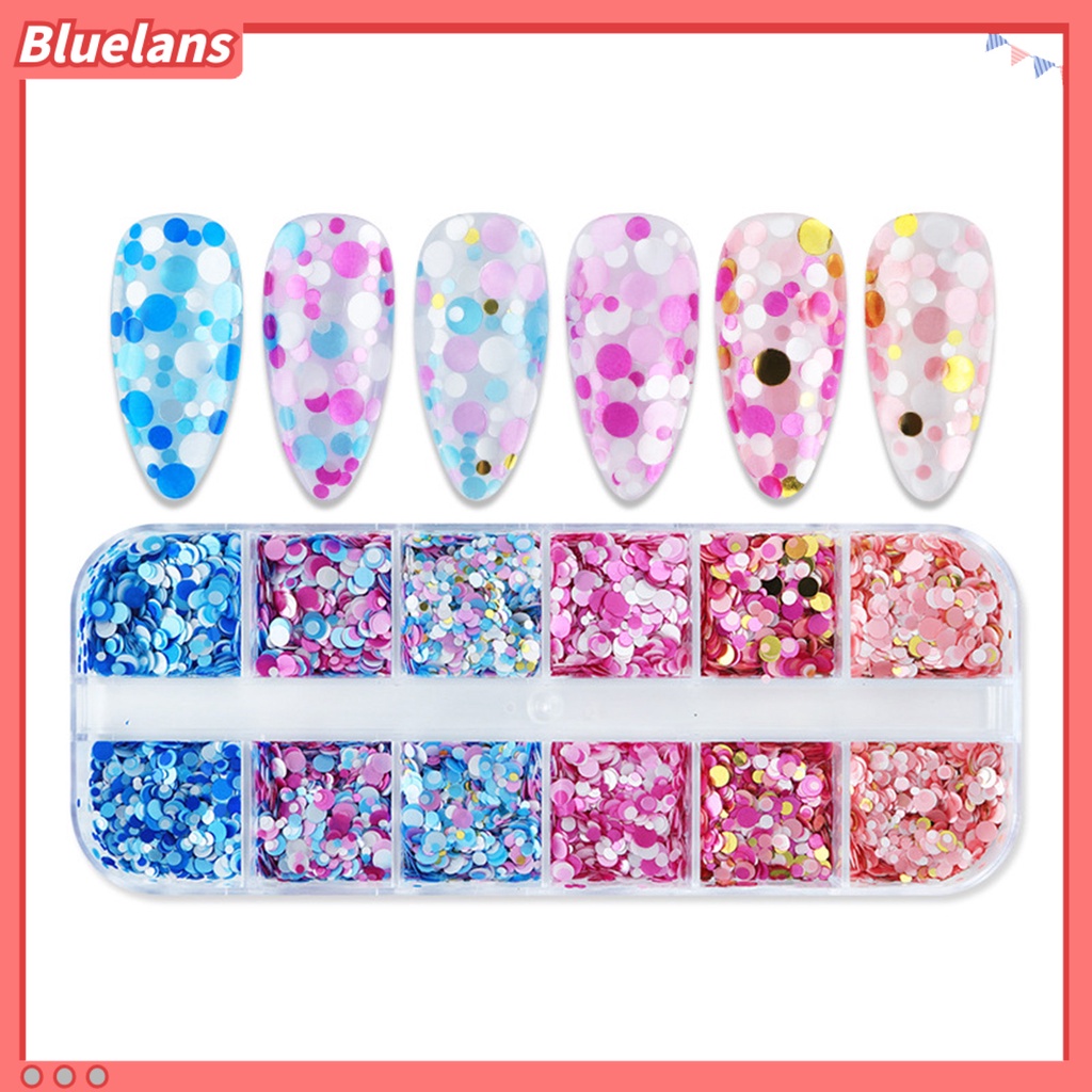 [BLM] 1kotak Nail Art Payet Bersinar Berkilau Mempesona DIY Multicolor 12kisi Mix Ukuran Kuku Bulat Payet Serpihan Manicure Store Supply