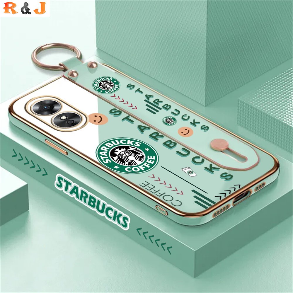 Luxury Case OPPO A17 A17K A16 A57 4G A77S A16K A16e A5S A95 A74 A15 A15S A54 A12 A5S A7 A3S A52 A92 A11K A1K Starbucks Stand Holder Lipat Plating Fashion Karet Soft Cover