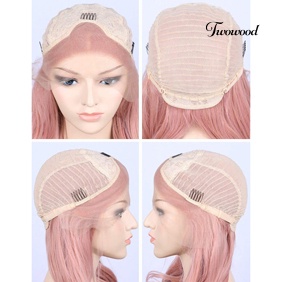 Twowood Pink Belah Tengah Keriting Wig Panjang Rambut Palsu Wanita Cosplay Pesta Sopak