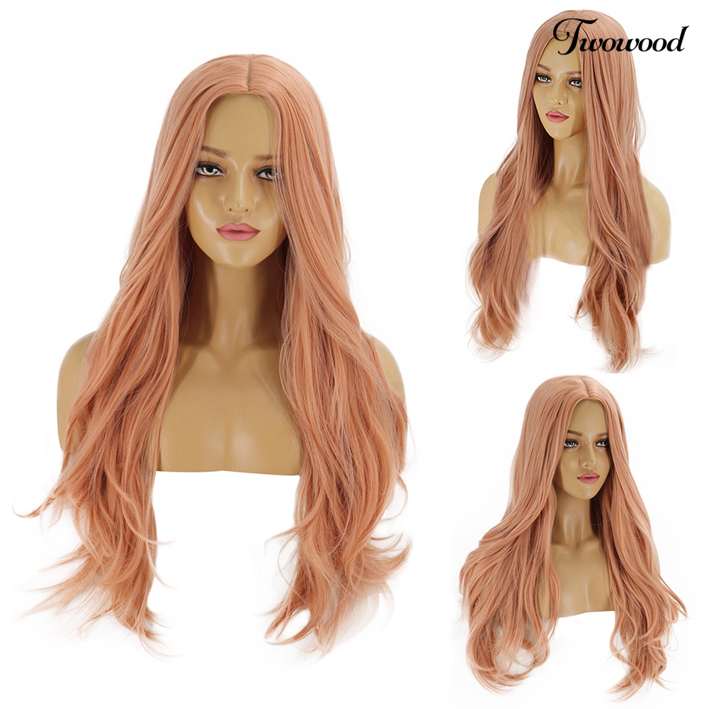 Twowood Wanita Tahan Panas Panjang Keriting Rambut Orange Pink Pesta Wig Ekstensi Sopak