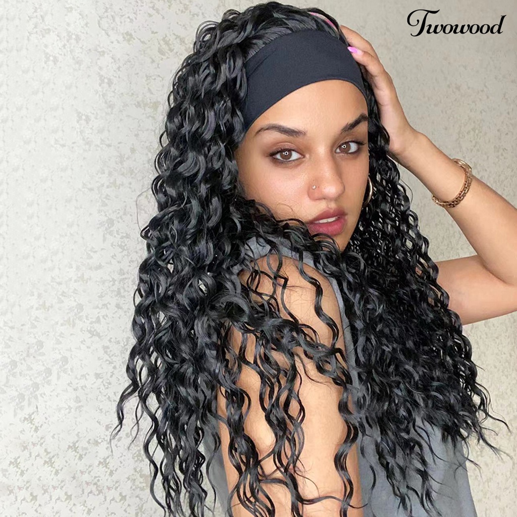 Twowood 24-Inch Wanita Wig Berbulu Tidak Menumpahkan Non-Tangle Ringan Tahan Sobek Gaya Rambut Dekorasi Warna Hitam Air Keriting Bando Rambut Manusia Wig Untuk Club