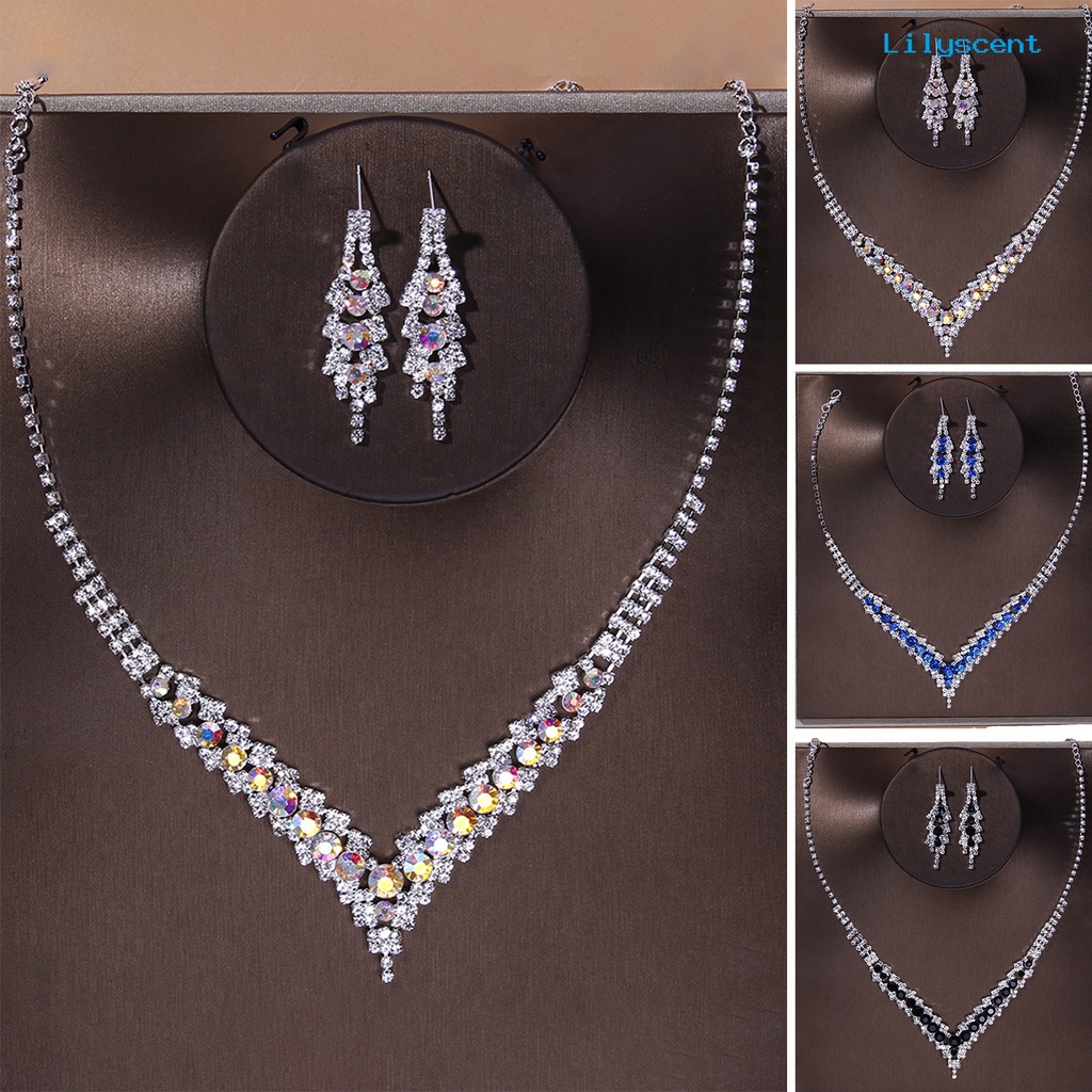 [LS]1 Set Kalung Pengantin Elegan Dainty Temperamen Mulia Berkilau Berwarna Berlian Imitasi Menjuntai Anting Kit Perhiasan Pernikahan