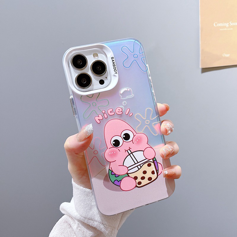 【Laser colorful】So Cute IMD high quality Milk Tea SpongeBob Hard Case for IPhone 11 12 13 14 Pro Max Women Girl Lovely Cartoon