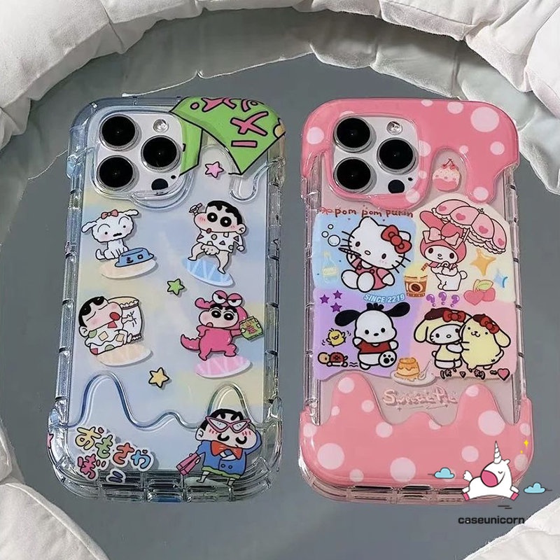 3d Color Ice Cream Cute Hello Kitty Crayon Shin-chan Case Kompatibel Untuk IPhone XR X 7Plus 13 11 12 14 Pro Max7 8 Plus XS Max SE 2020lembut TPU Kartun Doodle Pochacco Kuromi Cover