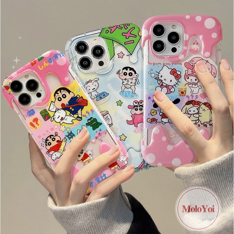 3d Ice Cream Kartun Crayon Shin-chan Case Kompatibel Untuk IPhone XR XS X Max11 13 14 12 Pro Max 7plus8 7 Plus SE 2020lucu Hello Kitty Pochacco Kuromi Lembut TPU Cover