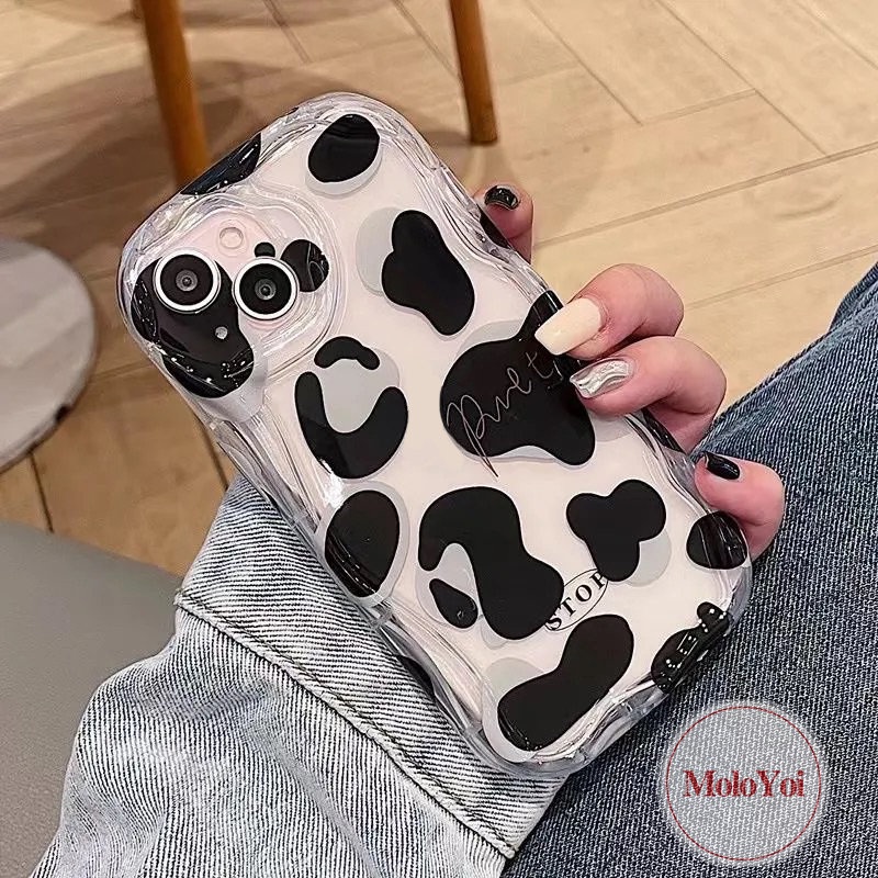 Case Motif Leopard Hitam Putih Simple Kompatibel Untuk IPhone 7Plus XR X XS Max11 12 13 14 Pro Max7 6 8 6s Plus SE 2020 3D Wavy Curved Edge Soft Cover