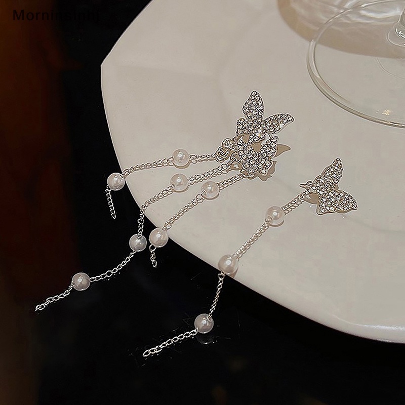 Mornin 1pasang Anting Rumbai Mutiara Kupu-Kupu Warna Silver Temperamen Zirkon Asimetris Pendant Earring Untuk Wanita Perhiasan Gaya Korea id