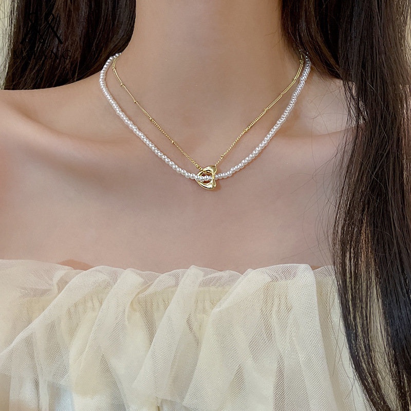 Vintage Double Layered Heart Pearl Necklace Korea Manis Emas Jantung Klavikula Rantai Kalung Aksesoris Fashion Baru