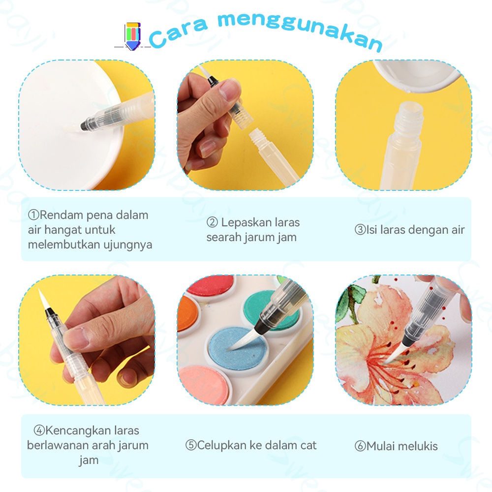 Sweetybayi Kuas cat air set Water brush pen set untuk menggambar isi 6pc