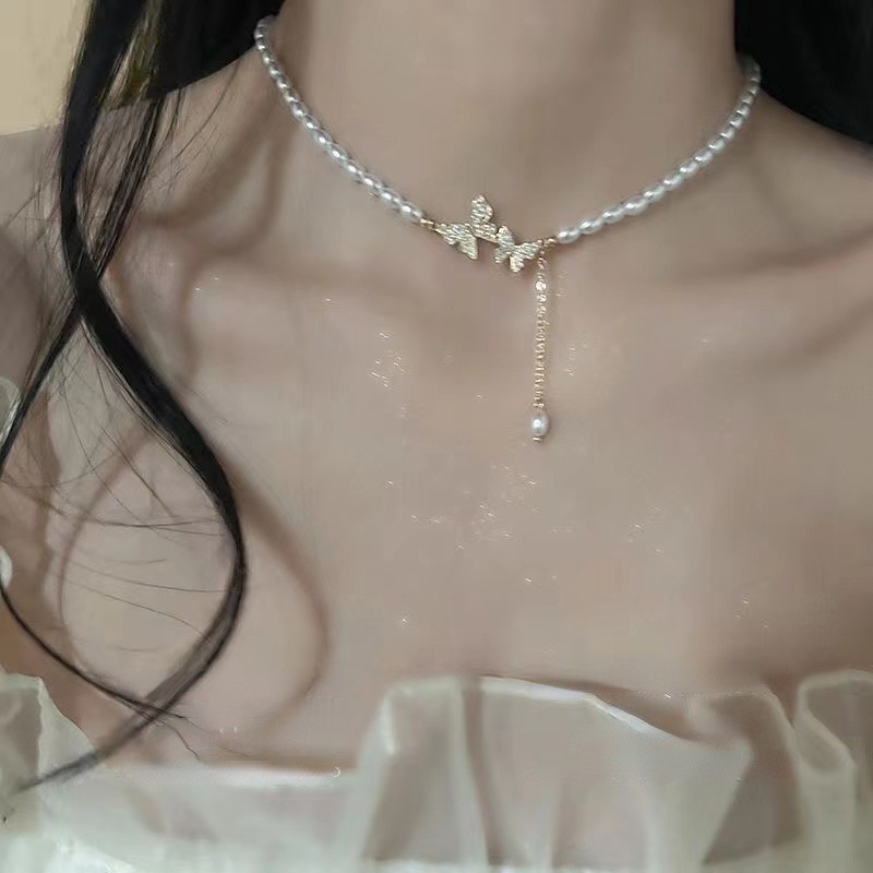 Butterfly Zircon Mutiara Kalung Korea Perhiasan Fashion Zircone Liontin Kalung Klavikula Choker Rantai Untuk Pacar