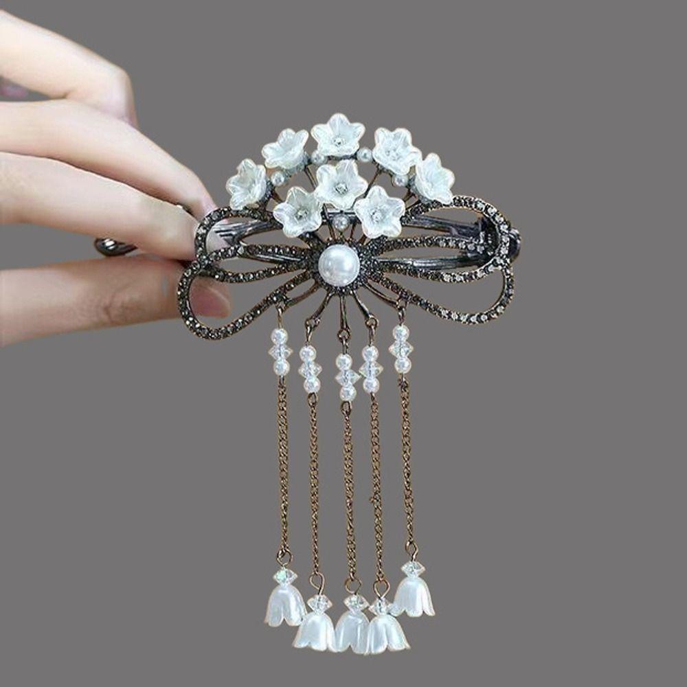 Needway Wanita Ponytail Holder Bow Knot Elegan Bell Bunga Anggrek Berlian Imitasi Alloy Gaya Cina Klip Rambut Untuk Hadiah Ulang Tahun