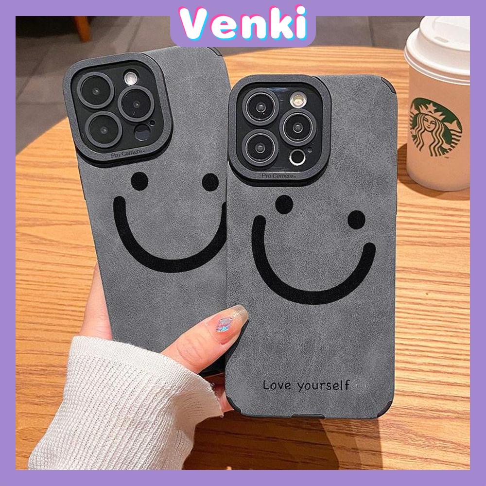 VENKI - Untuk iPhone 11 Case Kulit Anak Sekolah Suede Case Lembut Tahan Guncangan Ponsel Case Kamera Hitam Sederhana Senyum Kompatibel dengan iPhone 14 13 Pro max 12 Pro max xr xs 7Plus 8Plus