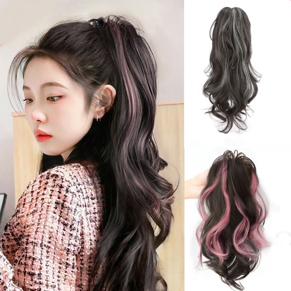 Wig Rambut Panjang Dengan Highlight Warna-Warni Ponytail Tinggi Untuk Wanita Perempuan Manis Dan Keren Bergaya 38cm