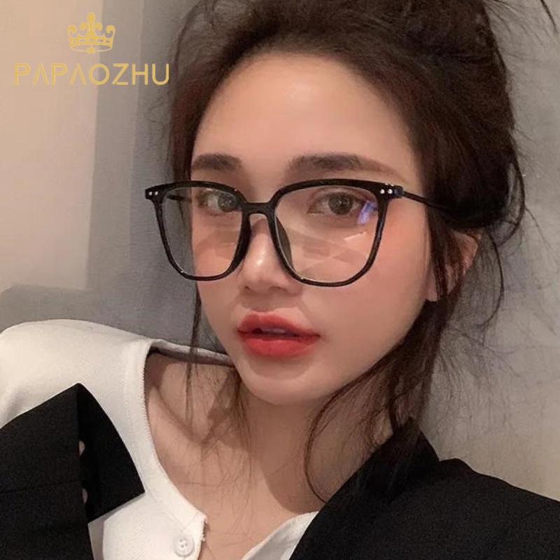 Papaozhu Keren Hitam Bingkai Persegi Lensa Bening Kacamata Untuk Wanita Pria Unisex Kacamata Fashion Jalan Snap Eyewear Gaya Korea OOTD Hiasan