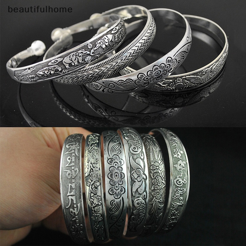 {beautifulhome} Retro Pembukaan Gelang Perhiasan Vintage Tibet Perak Totem Ukir Bangle Cuff.