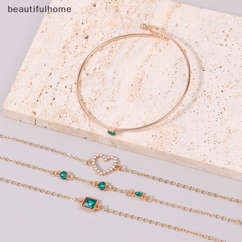 {beautifulhome} 4pcs/set Bertatahkan Batu Permata Hijau Gelang Set Perhiasan Untuk Wanita Gadis Jantung Gelang Pernikahan Pertunangan Gelang Fashion Pesta Perhiasan Hadiah.