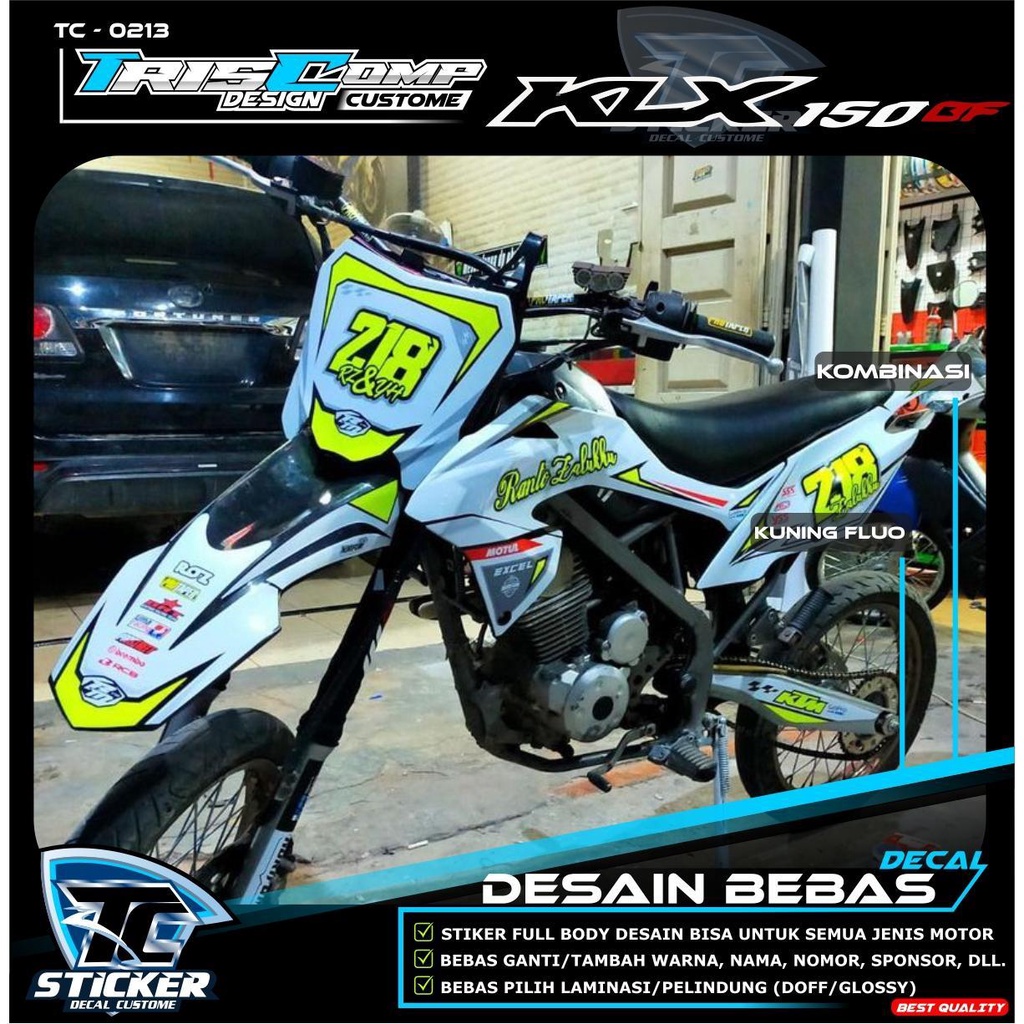 TC 0213 - Decal kit Sticker KLX BF  (Premium glossy combinasi Kuning fluo feat number hologram) - St
