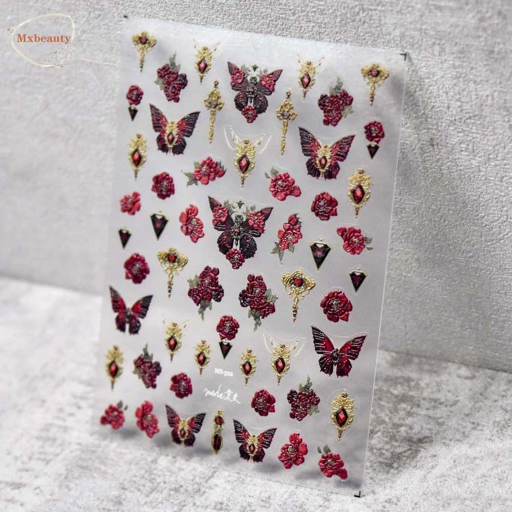 Mxbeauty Stiker Kuku Kupu-Kupu Gaya Retro Gelap 3D Relief Red Butterfly Nail Art Dekorasi