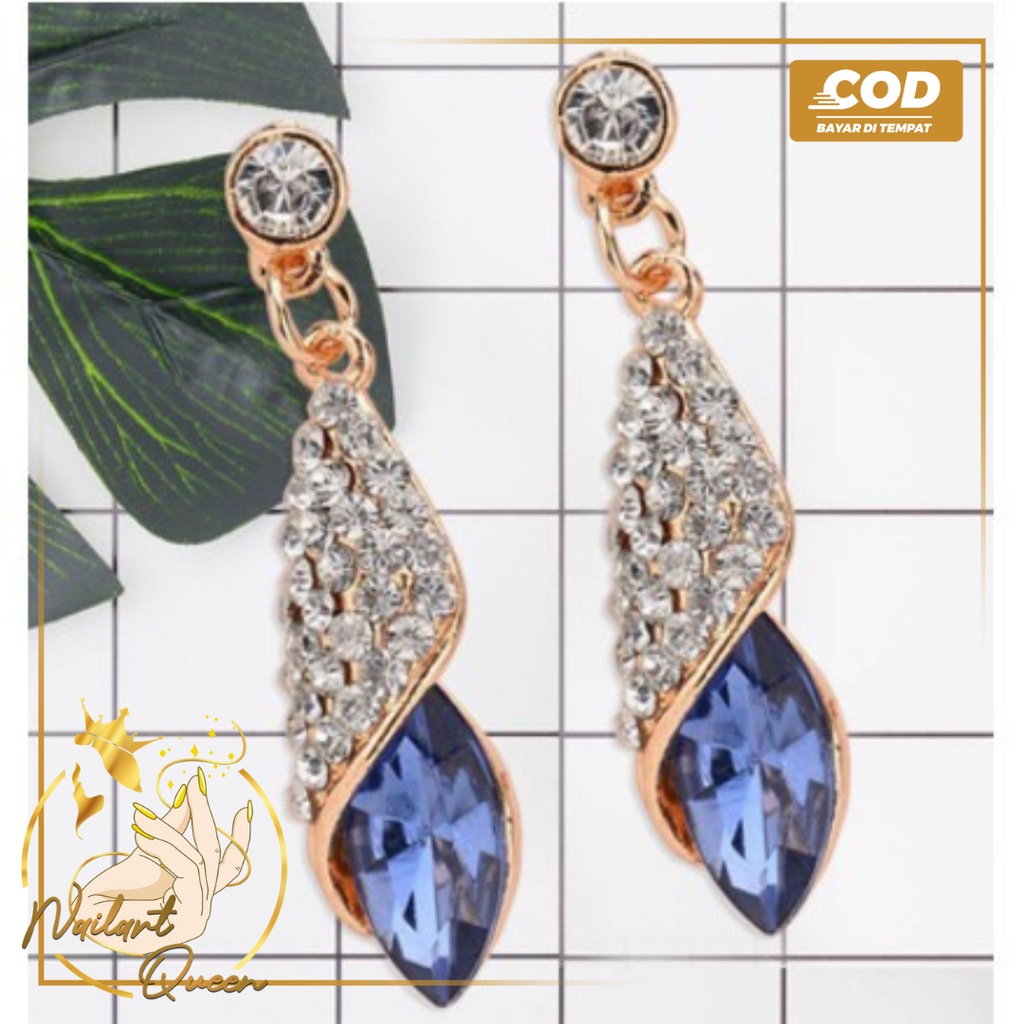 DUS BESAR Promo Anting Giwang Elegan dengan Liontin Kristal Biru untuk Wanita