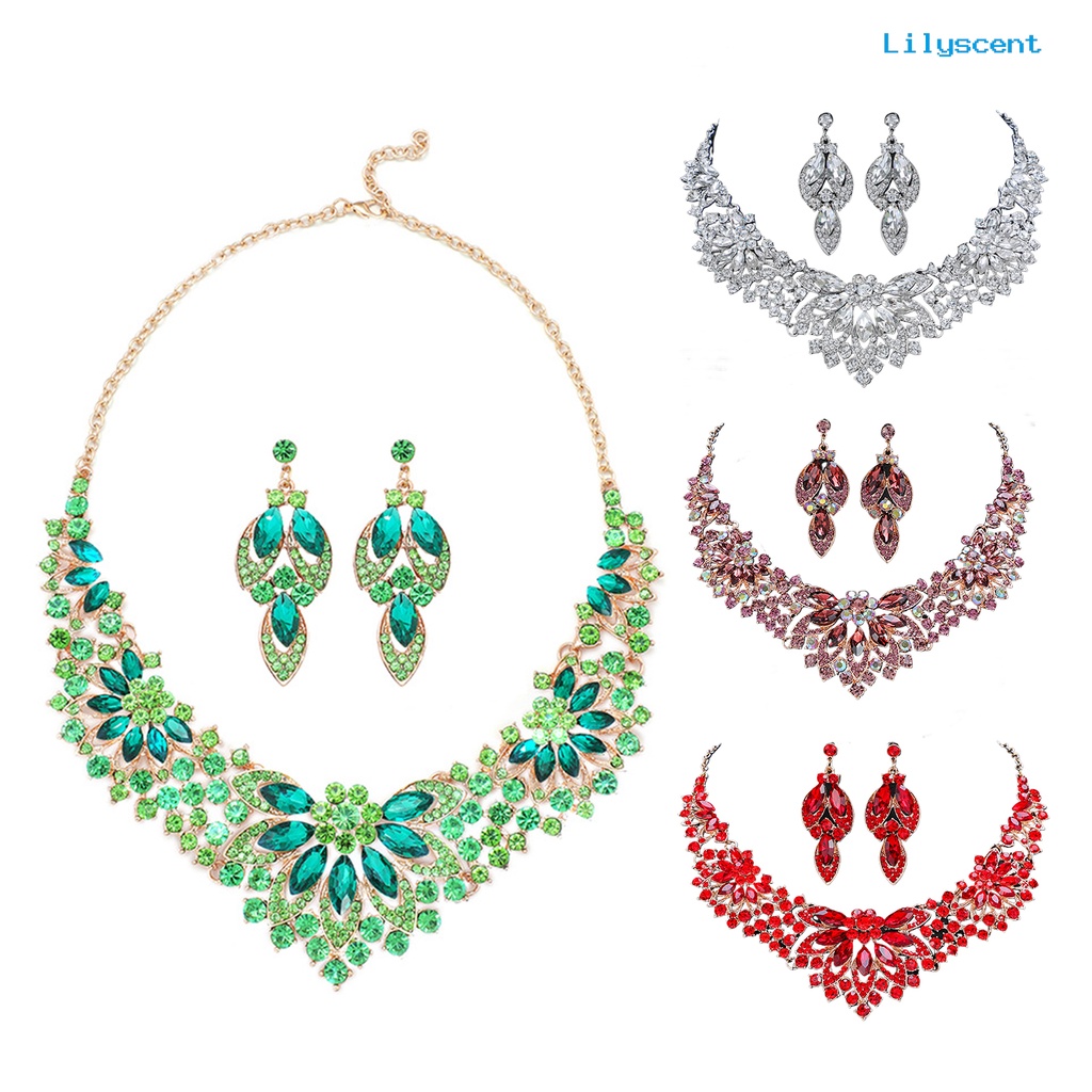 [LS]1 Set Anting Kalung Set Elegan Hijau Kristal Imitasi Set Perhiasan Untuk Wanita Aksesoris Pesta Pernikahan Mempesona Stud Earrings Necklace Gift Giving