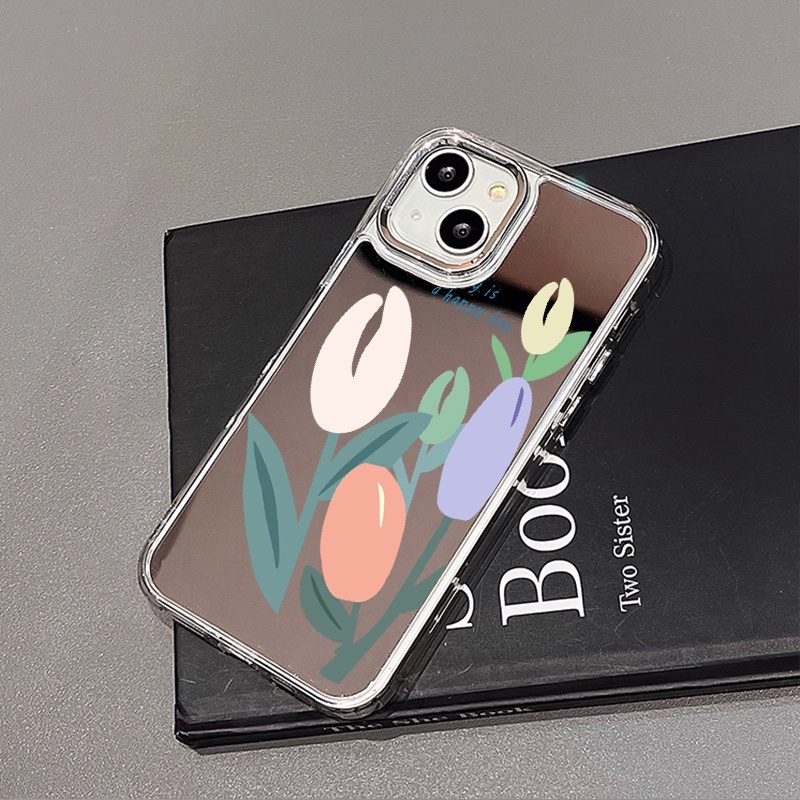 IPHONE Casing Ponsel Cermin Tulip Kompatibel Untuk Iphone11 12 13 14 12Pro 13Pro 14Pro Pro Max XR X XS Max Electroplating Tombol Perlindungan Mirror Cover