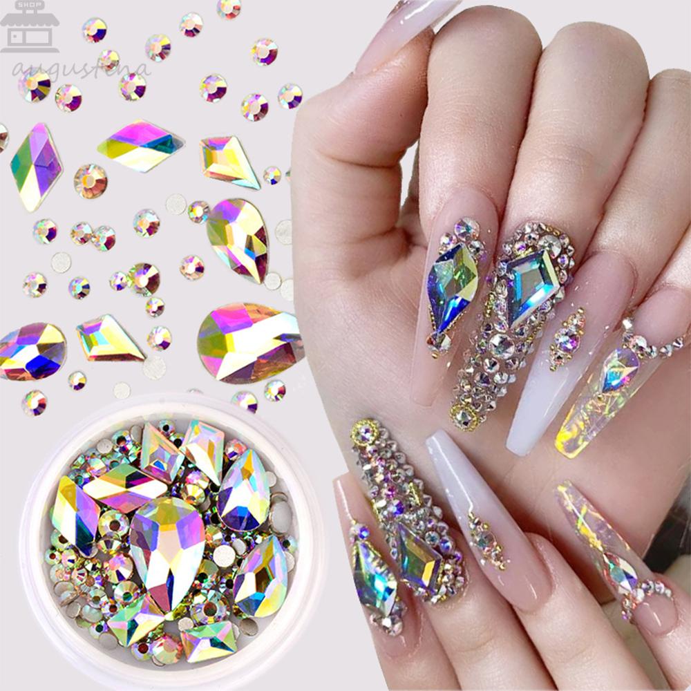 AUGUSTINA Agustina Kuku Rhinestones 3D DIY Flat-back Akrilik Ukuran Campur Batu Kaca